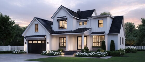 Modern white house exterior with black roof and landscaping at dusk