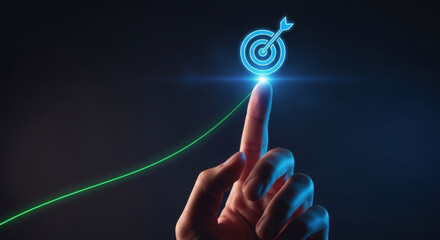 Achieving Business Goals A Hand Reaching for Success with a Glowing Target and Upward Trend Line Symbolizing Growth and Strategic Planning in a Corporate Setting