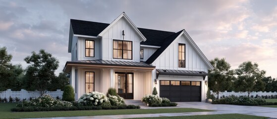 Modern two story house exterior with landscaping and driveway in daylight