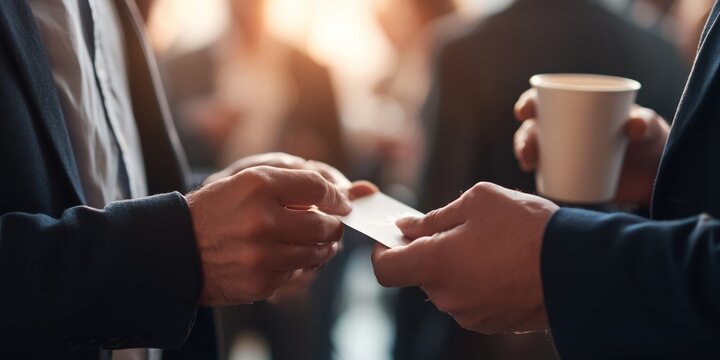 People exchanging business cards during a networking event in a conference setting - Powered by Adobe