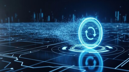 Glowing digital refresh icon over dark circuit board background