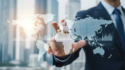 Businessman interacts with glowing digital world map overlay in city.