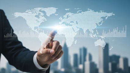 Businessman touches glowing digital world map with bar graphs.