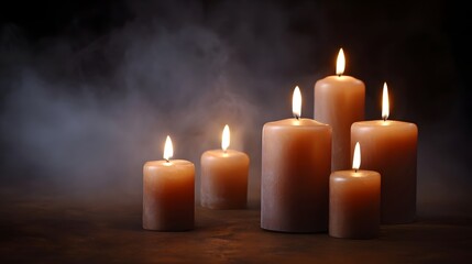 Multiple lit candles create a warm glowing atmosphere with dancing shadows and smoke against a dark background