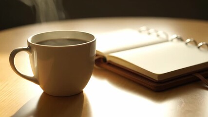 Hot coffee and open journal create a serene and productive morning scene