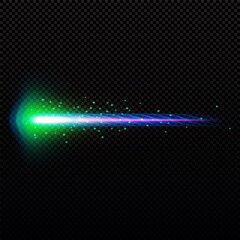 Obraz premium Gun shot streak with green smoke and sparkles, magic weapon fiery blast blue flame trail, vector bullet explosion effect
