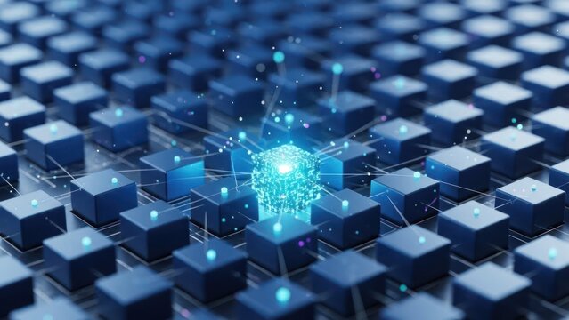 Digital network of glowing blue cubes representing data processing or blockchain. - Powered by Adobe