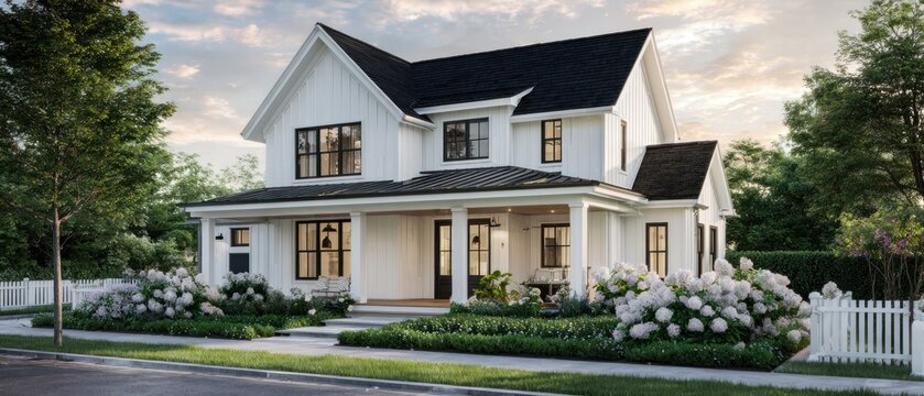 Modern two story house with white exterior and black roof landscaped yard