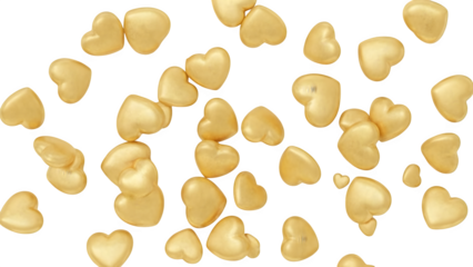 Golden hearts falling, isolated on transparent background