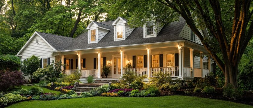 Exterior of a residential house with a garden trees and green lawn