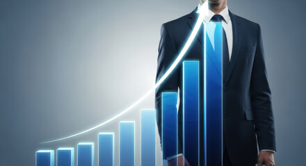 Achieving Corporate Growth A Visual Metaphor of Business Success with a Businessman Standing Before an Ascending Bar Graph and Arrow Symbolizing Progress