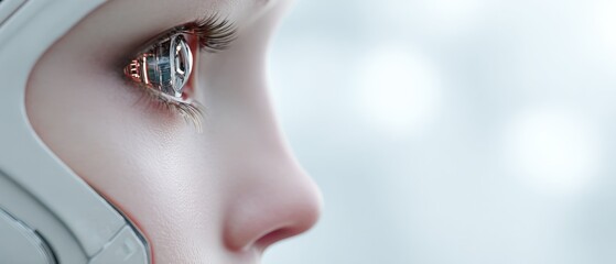 Close up of a cybernetic eye with focus on detail and futuristic aesthetic