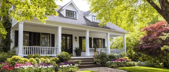 Exterior view of a white house with a porch surrounded by lush green trees