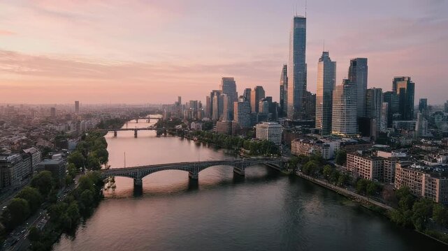 City skyline with bridges over river at sunset