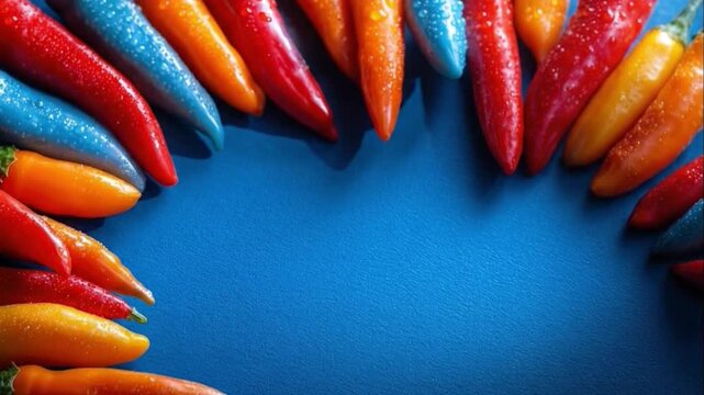 A vibrant and eye-catching arrangement of fresh peppers, featuring a unique spectrum of red, orange, yellow, and surprising blue colors, glistens with water droplets. These colorful vegetables are art