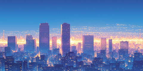 Obraz premium バーチャルな都市風景を表現した夜の高層ビル街｜月と無数の光が広がる未来的イラスト素材・背景・ネオン・幻想都市