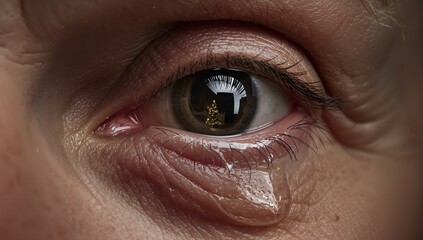 Human eye with tear and Christmas tree reflection