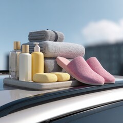 Spa supplies neatly arranged on a rooftop; sunny day