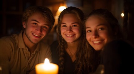 Fototapeta premium Three young friends smiling warmly around a lit candle in a cozy dimly lit room at night