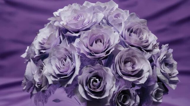 A lush bouquet of purple roses against a soft, draped purple background