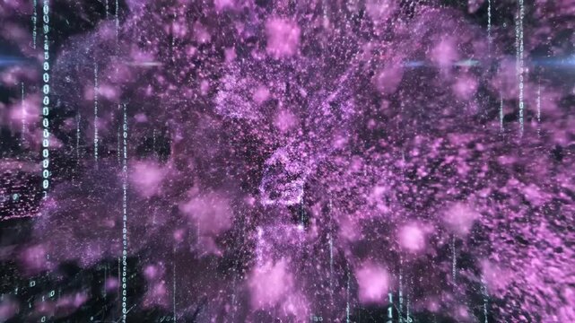 Digital explosion of pink and purple light rays on a binary code background