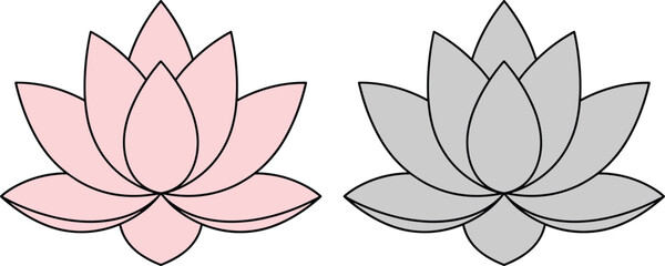 Elegant pink and gray lotus flower vector icons for yoga studio branding wellness center logo design meditation spa and spiritual health themes.