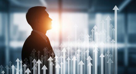 Achieving Success A Silhouette of a Visionary Leader Against a Backdrop of Ascending Arrows Symbolizing Growth and Progress in Business and Career Development