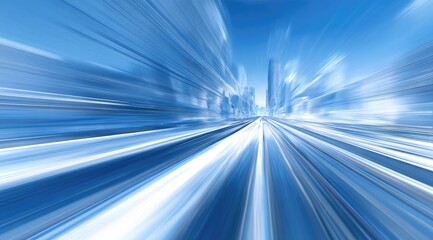 Blue blurred city street speeding towards distant buildings