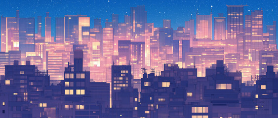 高層ビルの灯りが瞬く幻想都市｜夜空に浮かぶ月と無数の光が織りなす近未来的な街並みイラスト素材・SF・ネオン・都市夜景