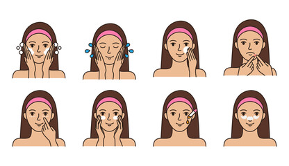 Set of vector icons skin care daily routine. Editable stroke