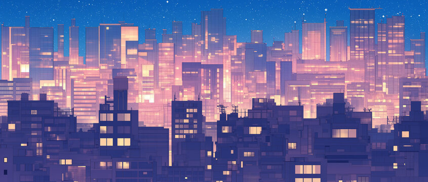 高層ビルの灯りが瞬く幻想都市｜夜空に浮かぶ月と無数の光が織りなす近未来的な街並みイラスト素材・SF・ネオン・都市夜景