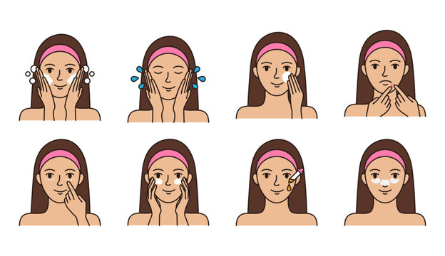 Set of vector icons skin care daily routine. Editable stroke