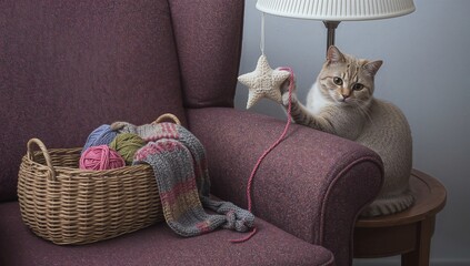 Cat playing with star on chair