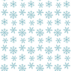 Seamless pattern with flat blue snowflakes of various shapes, cute in a row. Minimalist winter design for wrapping paper, Christmas gifts, seasonal textile prints, or festive digital images.