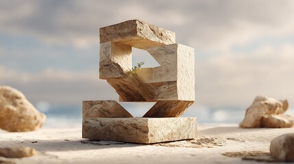 Stone-like 3D letters stacked in impossible geometry with shadow play