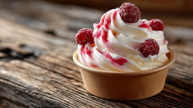 Delicious Swirled Frozen Yogurt Topped with Fresh Raspberry Dessert Close Up