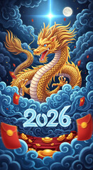 Obraz premium Illustration of golden dragon with 2026 numerals, red envelopes, gold ingot on blue clouds, under lunar sky, symbolizing luck, prosperity, auspiciousness
