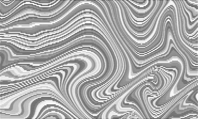 This abstract black and white pattern features wavy lines and gradients, creating a dynamic aesthetic. It blends contemporary style with