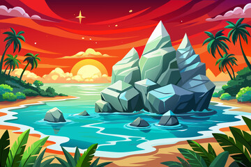 island beach bordered by dense jungle vegetation meets crystal clear sea water, creating a lush tropical coastal ecosystem.