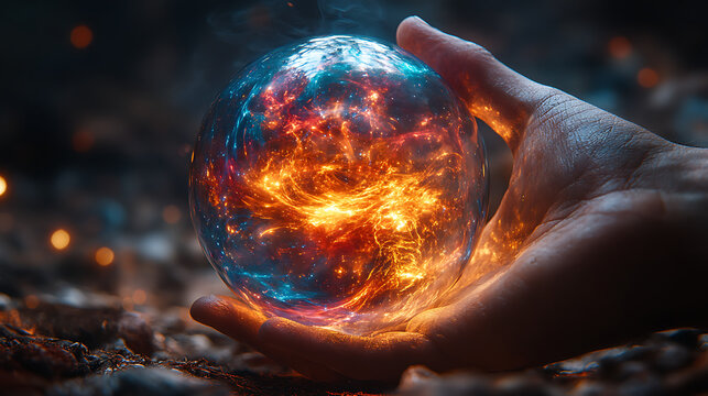 Fingers touching a crystal ball glowing with swirling mystical colors 