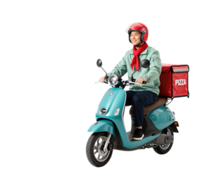 Delivery person on scooter with pizza box