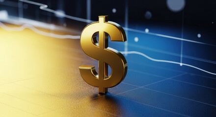 Dollar Symbol and Financial Market Trends A Golden Dollar Sign Against a Backdrop of Fluctuating Stock Market Graph Representing Investment and Economic Indicators