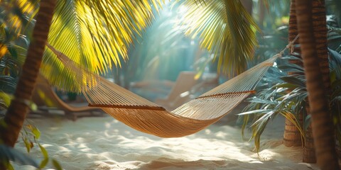Empty hammock hanging between palm trees on tropical sandy beach