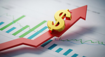 Dollar's Ascent A Golden Dollar Sign Perched Atop an Ascending Red Arrow Against a Backdrop of Financial Charts Signifying Economic Growth and Investment Success