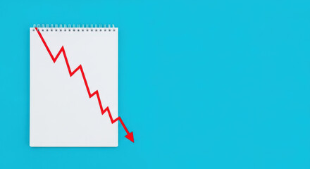 Dramatic Economic Downturn Visualized with a Red Arrow Plunging Downward on a Blank Notepad Against a Vibrant Blue Backdrop Emphasizing Financial Crisis and Loss