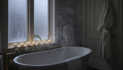 Bathtub with Steam and Candles in Dark Bathroom