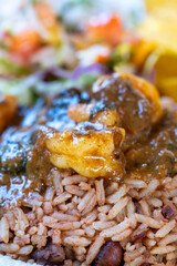 Costa Rican traditional rice and beans with shrimp, Caribbean seafood dish