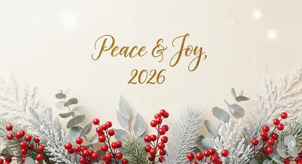 Arrangement of snowy fir branch, red berry, and eucalyptus against beige background, with golden script "Peace & Joy, 2026" - new year holiday festive theme