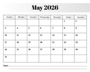 May 2026 professional monthly calendar vector design featuring a minimal grid layout with clearly labeled weekdays and a notes section