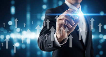 Driving Business Growth with Strategic Vision A Leader's Hand Guiding Ascending Arrows and Data Streams Towards Success in the Digital Age of Corporate Advancement